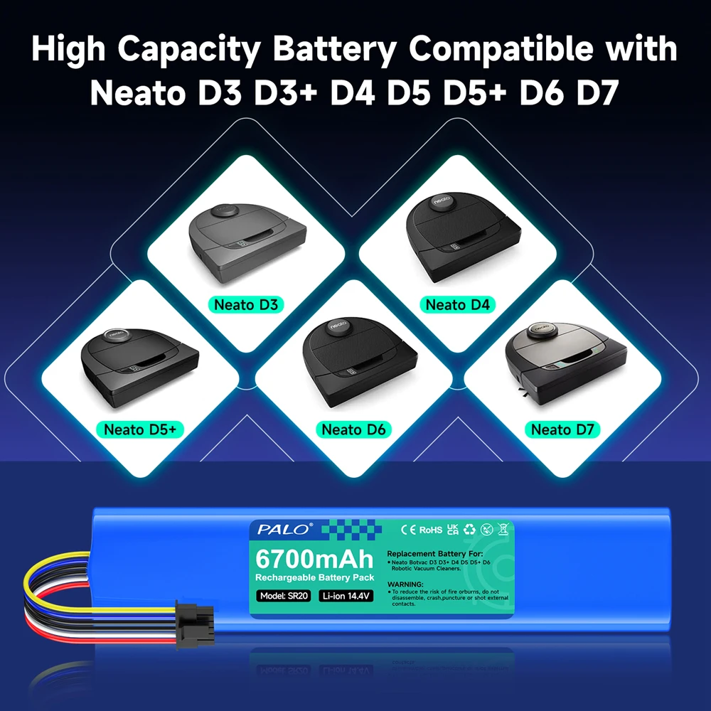 14.4V 6700mAh Replacement Battery For Neato Botvac D3 D3+ D4 D5 D5+ D6 D7 D301 D303 D502 D503 D701 205-0011 Sweeping Robot rechargeable battery