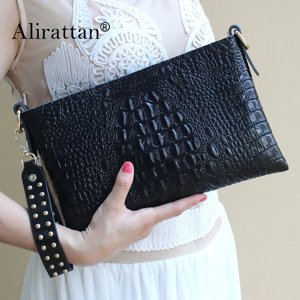

Vintage Crocodile Pattern Natural Genuine Leather Design Clutch Bags For Women 2024 Fashion Brand Ladies Handbag Envelope Bag