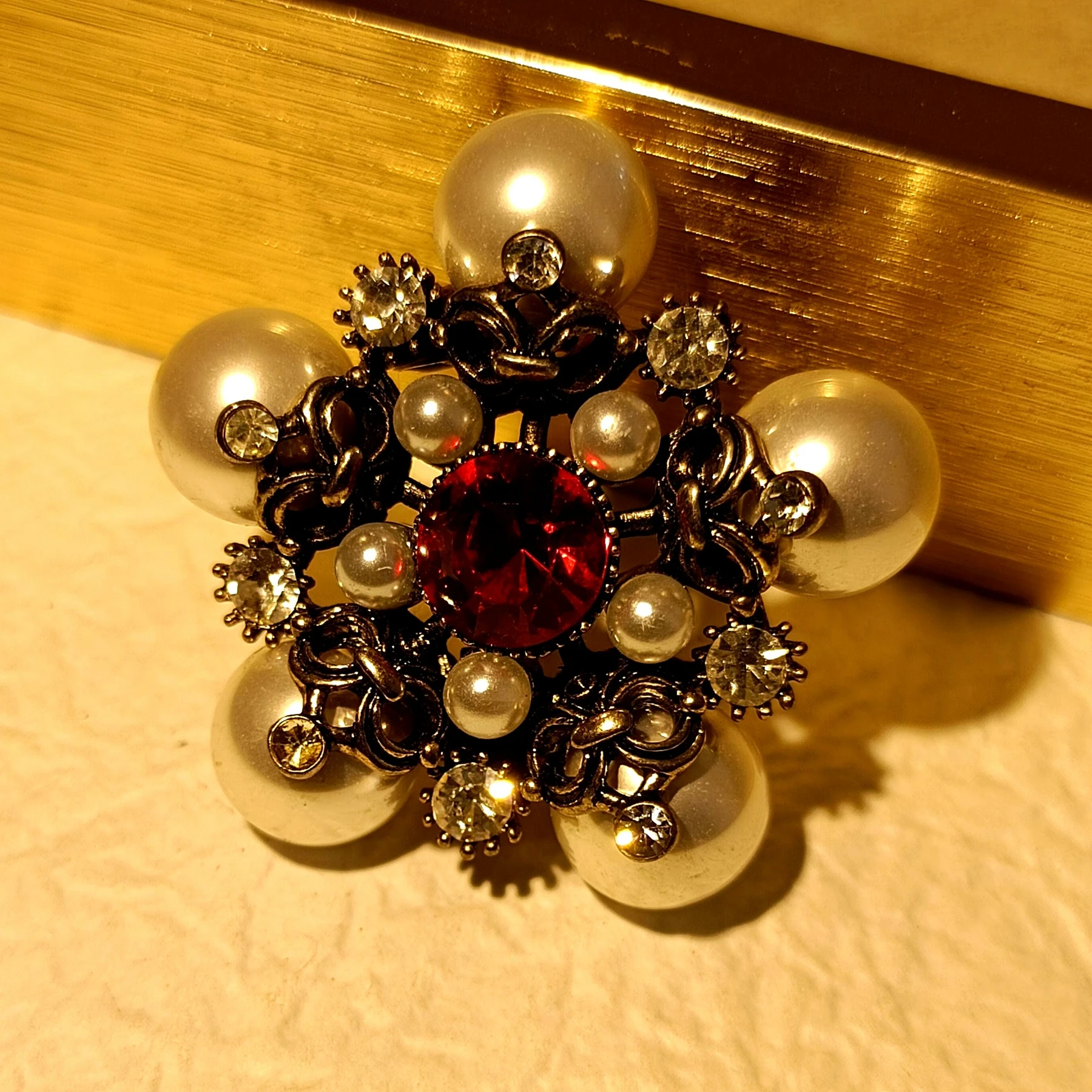 Retro Vintage Pearl and Red Star Brooch Pin Antique Collection Jewelry