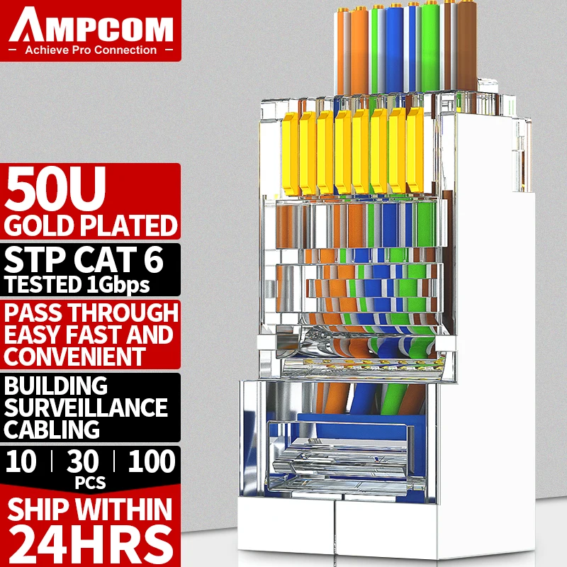 Проходят через STP RJ45 разъемы AMPCOM CAT6 CAT5E экранированный 3/50μ Позолоченные 8P8C