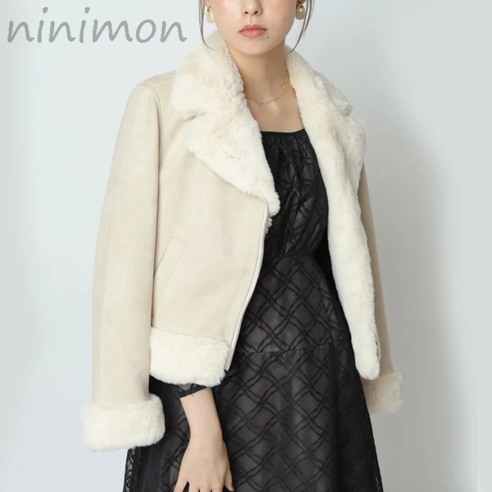NINIMON Fur Faux Leather Riders Jacket Women Winter Streetwear