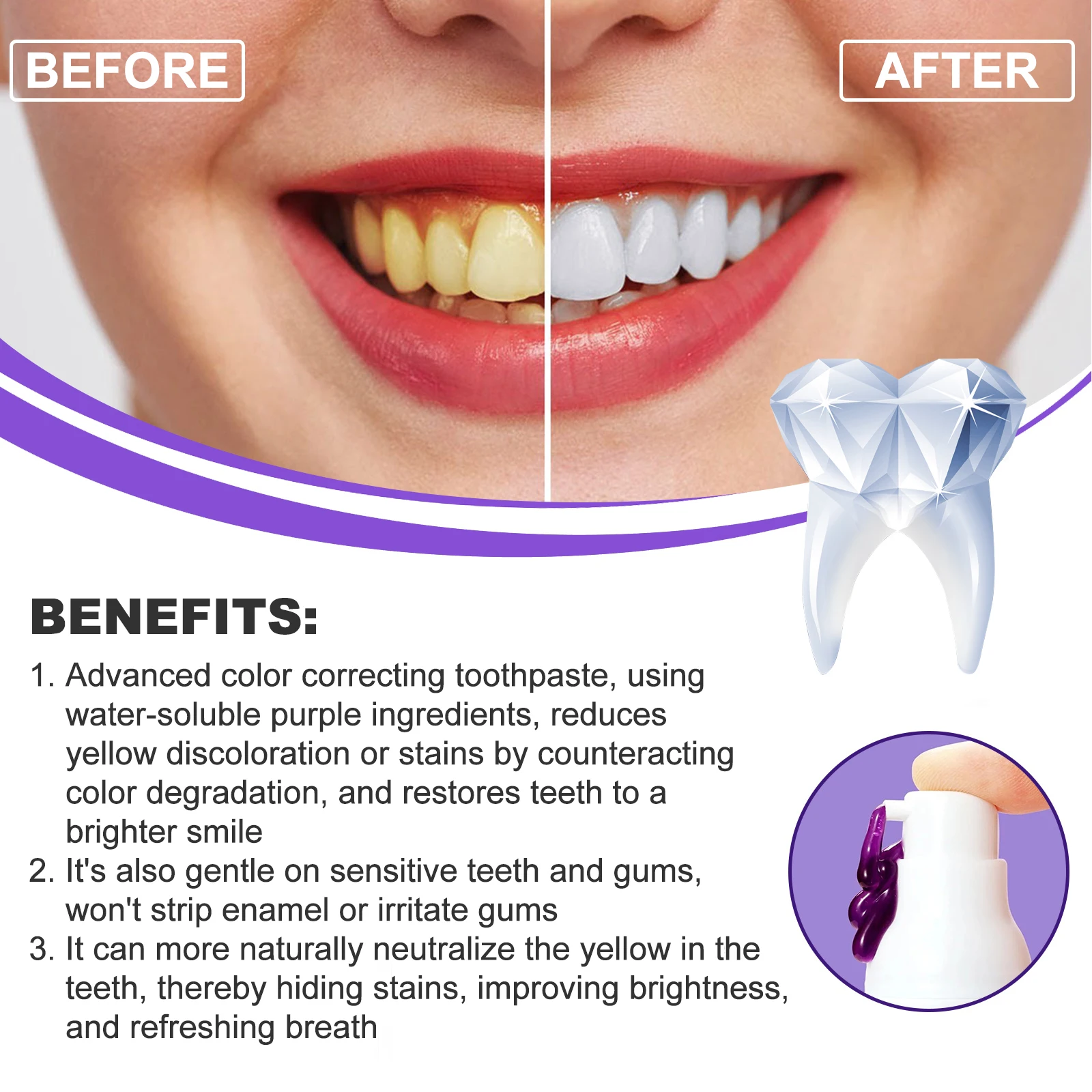 EELHOE Purple Toothpaste Whitening Teeth Reduce Food Residue Remove Tea and Coffee Stain Eliminate Bad Odors Brighten Toothpaste