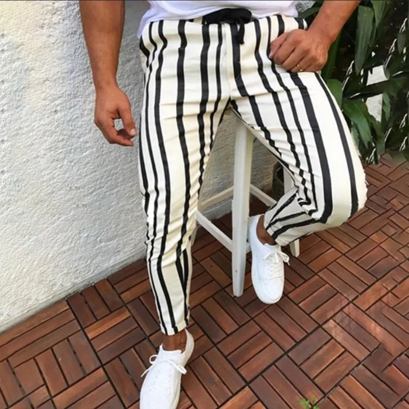 Men's Casual Business Striped Pants Skinny Pencil Pants Drawstring Elastic Waist Pants Streetwear Social Jogger Sport Trousers 2