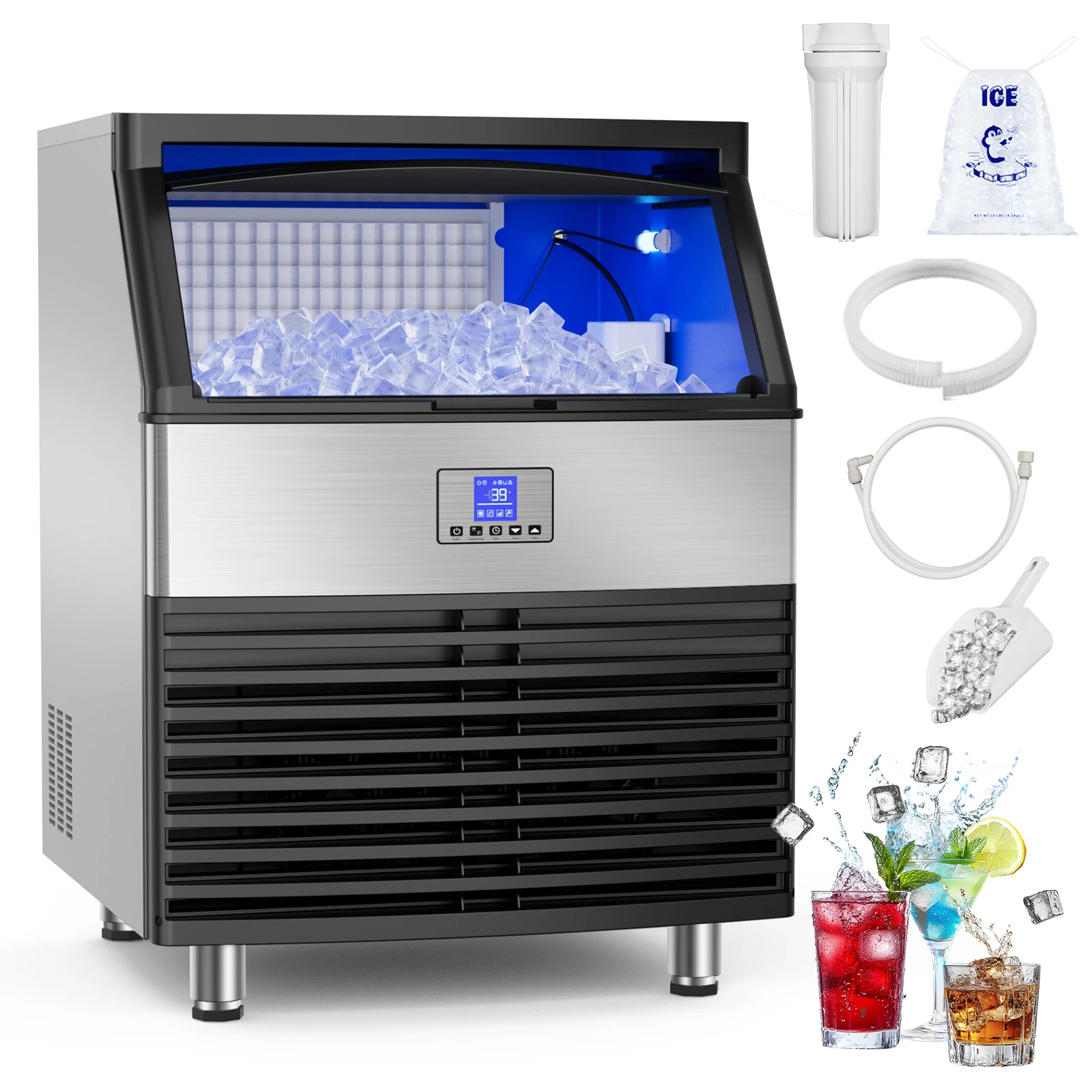 Commercial Ice Maker Machine 450LBS/24H Under Counter Ice Machine Upgrade Compressor 120LBS Storage Bin Freestanding Ice Maker 1
