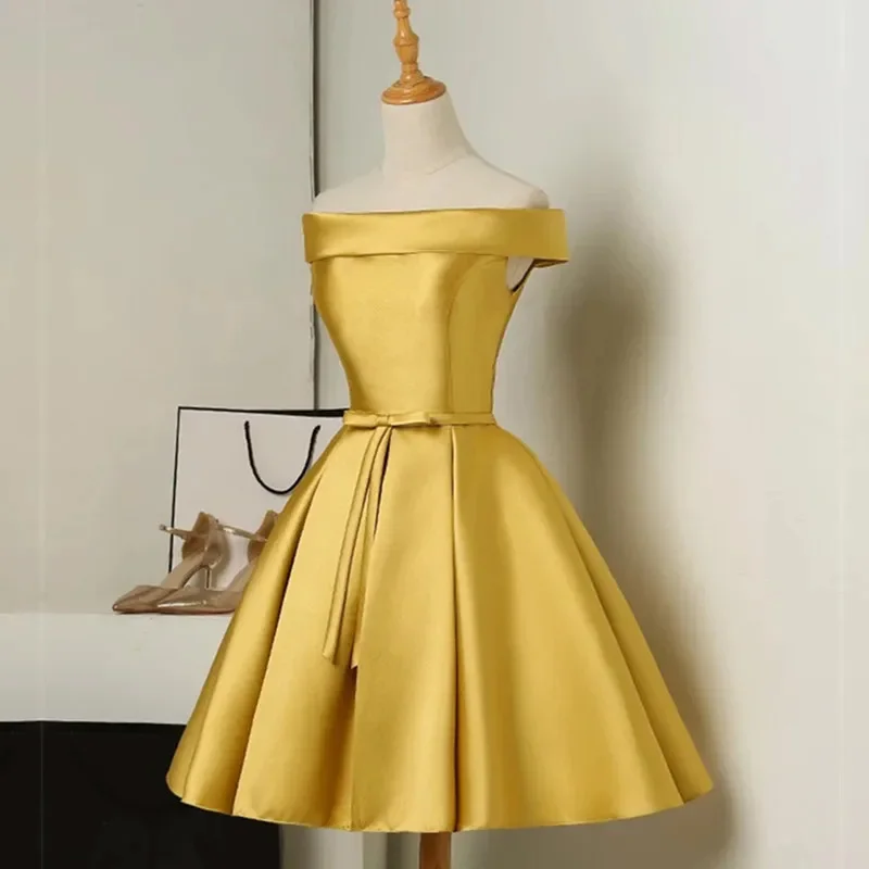 Gold Wedding Party Dress Short Satin OFF Shoulder robe demoiselle d honneur femme Elegant chic prom night vestido elbise free s