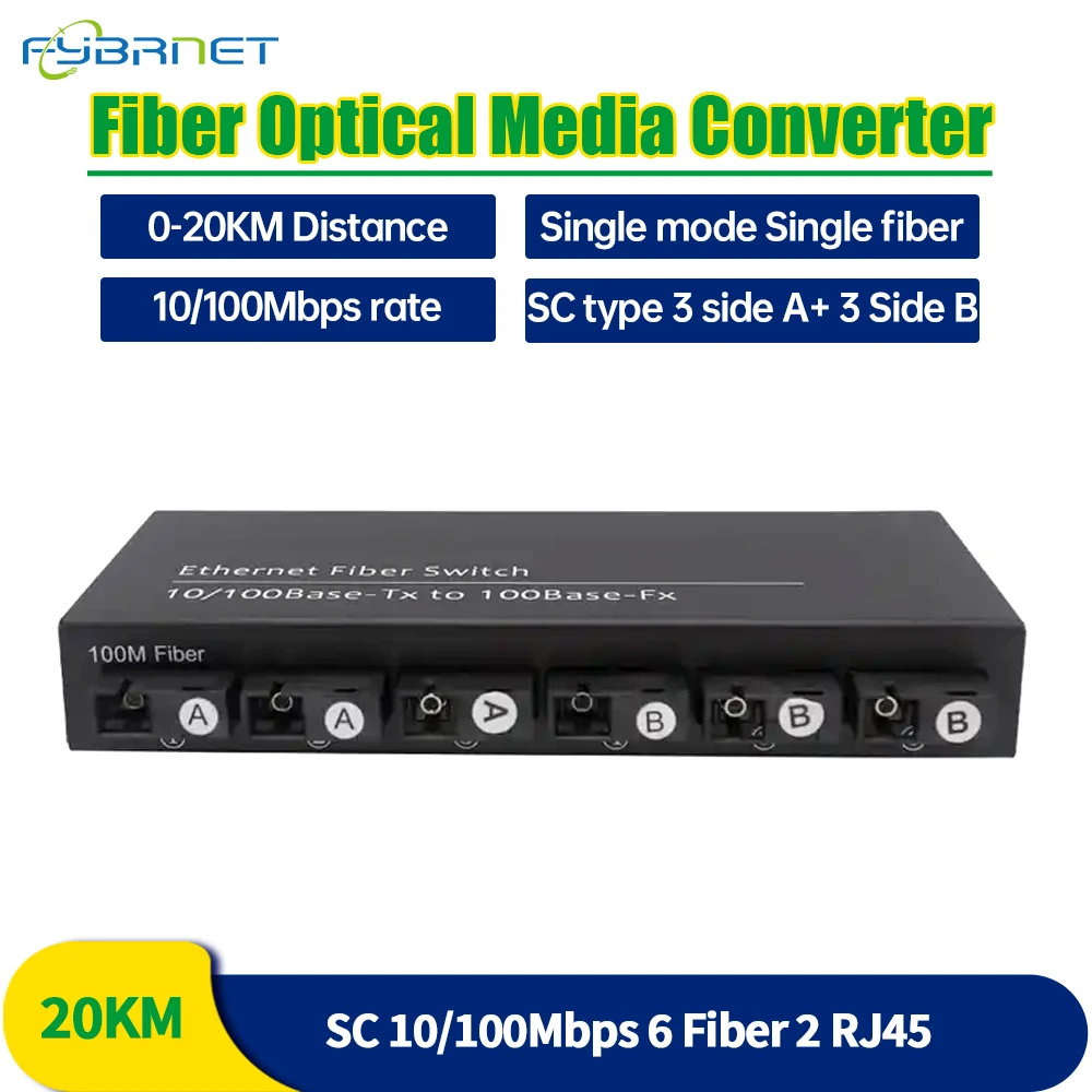 6F2E 10/100M 2*RJ45 6*SC 1310/1550nm simplex fiber Port 20KM Fast Ethernet Switch Media Converter 10 100base tx to 100base fx wdm smart media converter tx 1310 20km