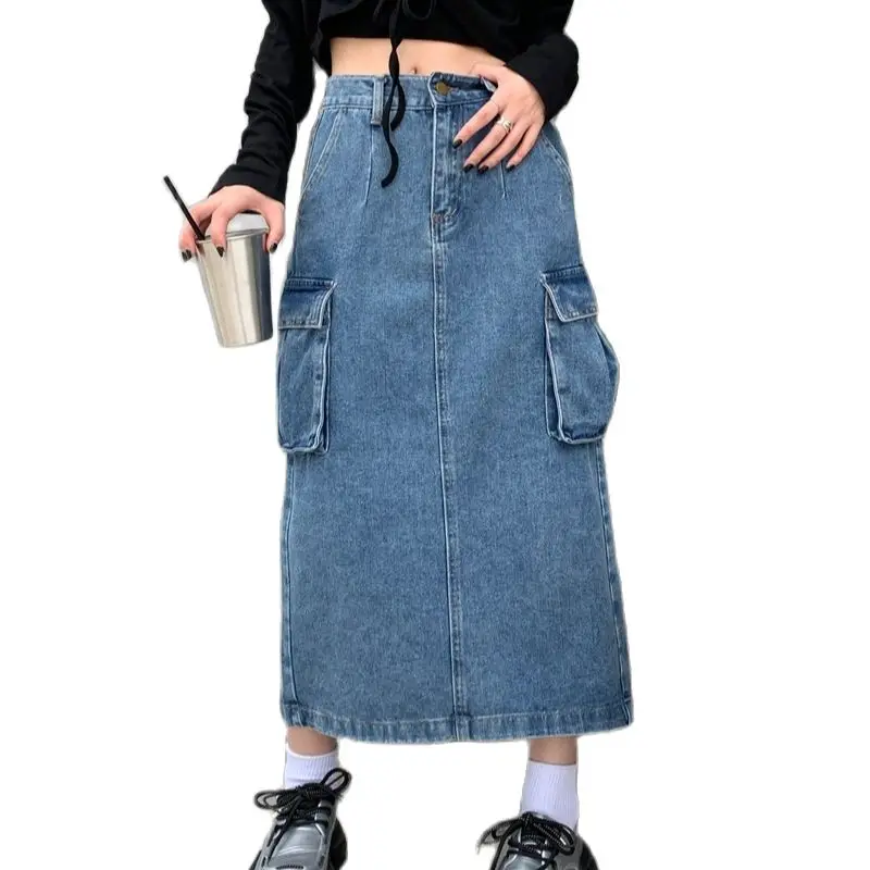 

female denim skirts high-waisted A-Line skirts patch pocket back split