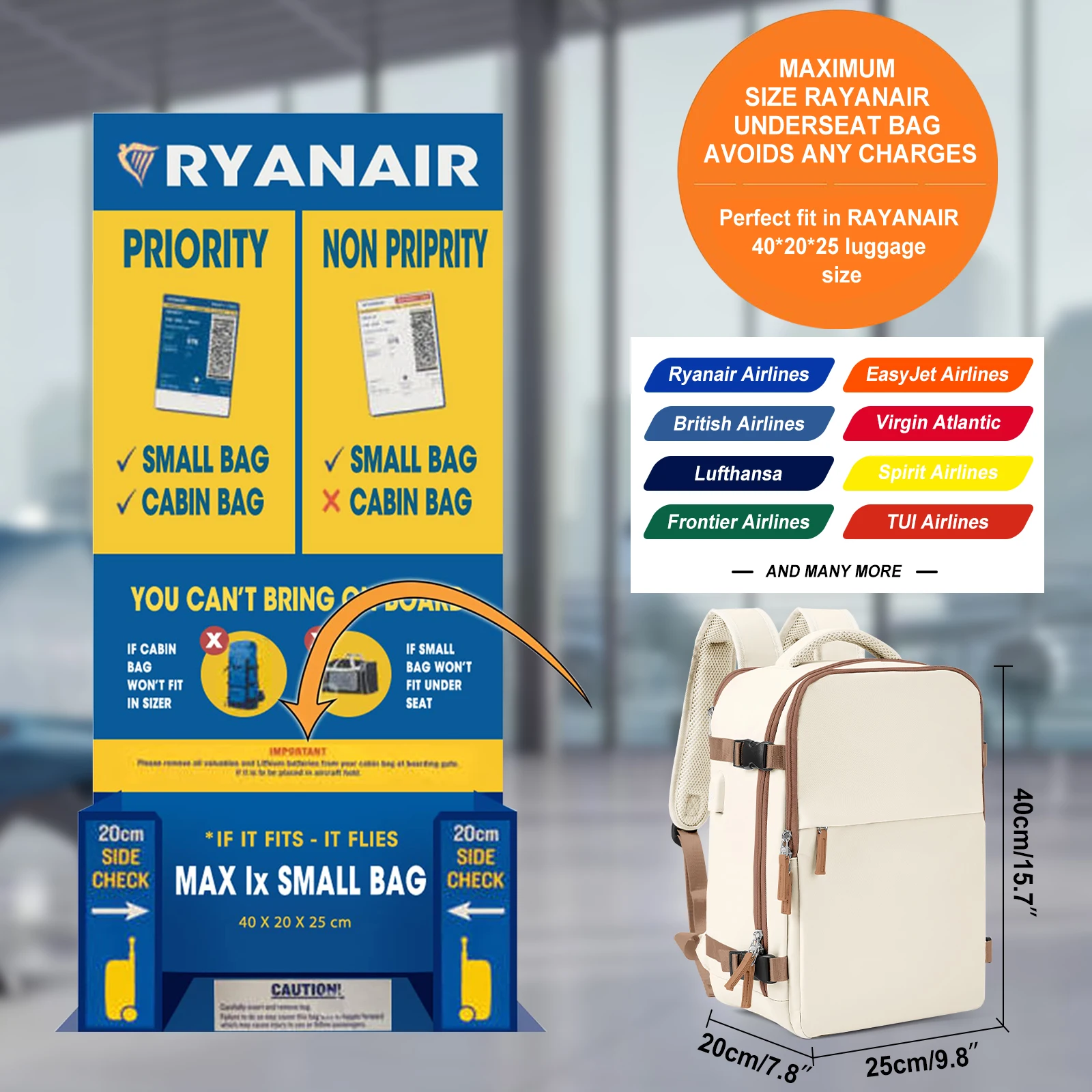 Bolsa de cabina Ryanair 40x20x25 cm 10kg equipaje de mano Vueling de tela  impermeable Tommy