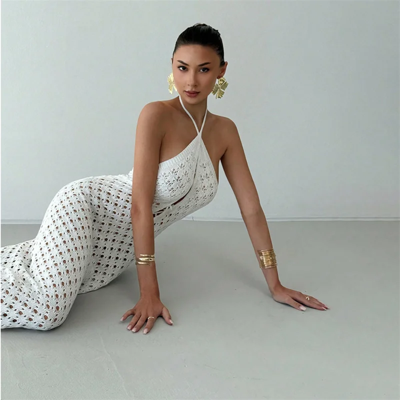 Women's Halter Neck Backless Lace-Up Long Slim Fit Knit Dress See-Through Crochet Beach Bikini Cover-Up Summer Swimwear
