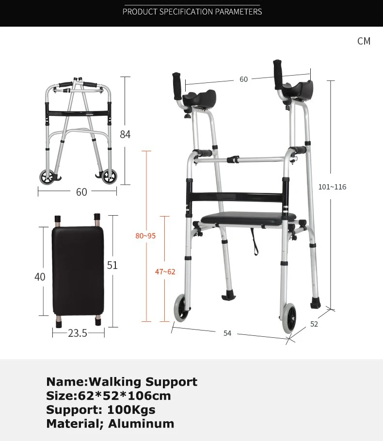 Elderly Walker With Wheel Walking Aid Walking Inconvenience Walker Hemiplegia Rehabilitation Folding Body Elbow Support Type 3