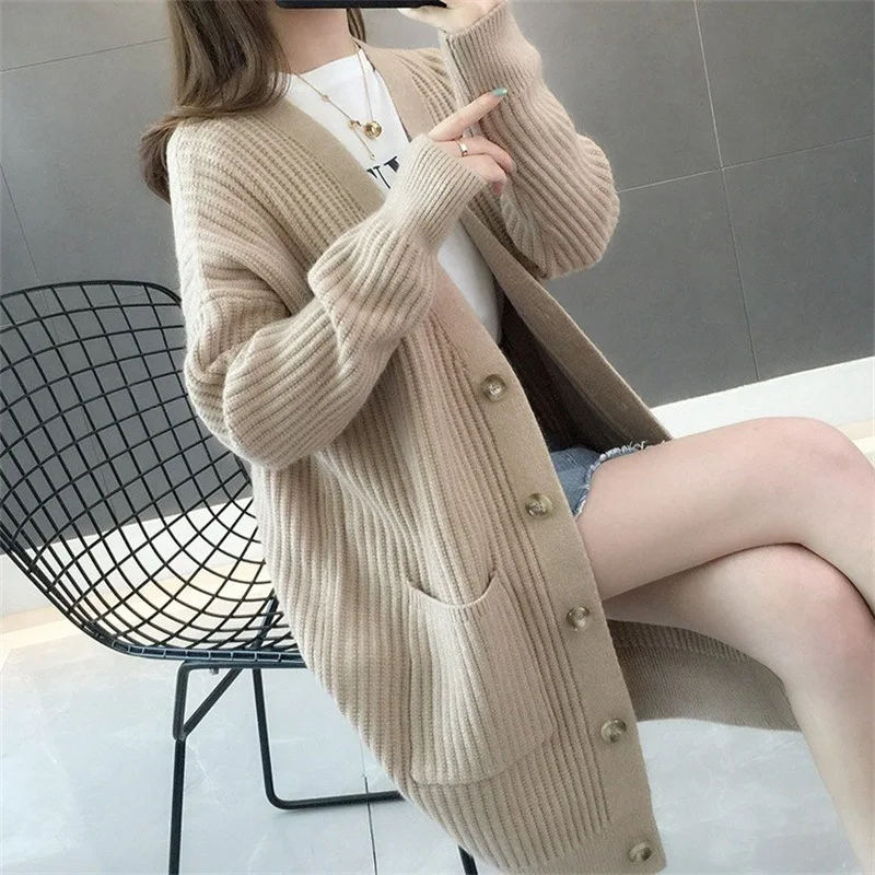 Autumn Winter Ladies Warm Thick Long Sweater Jacket Loose Casual Female Women V-Neck Knitted Cardigan Sweater Coat Outwear
