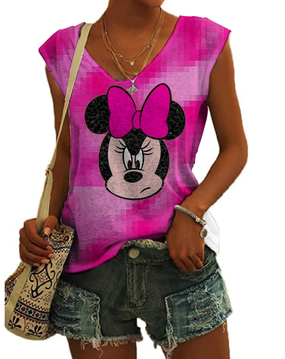 

2023 Anime Women's Vest Disney Fun Mickey Minnie Print Summer V Neck Sleeveless Casual Street Camisole Women's Clothing