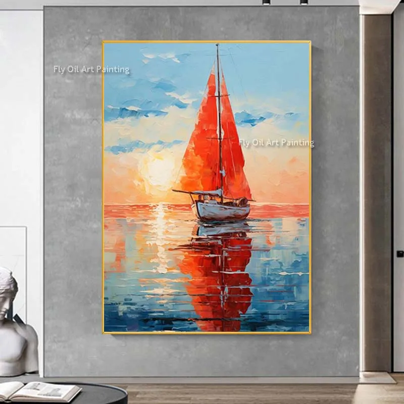 

Modern Seascape Oil Painting Boat On The Ocean Sunset Canvas Painting Hand Painted Oceanscape Impression Artwork For Home Decor