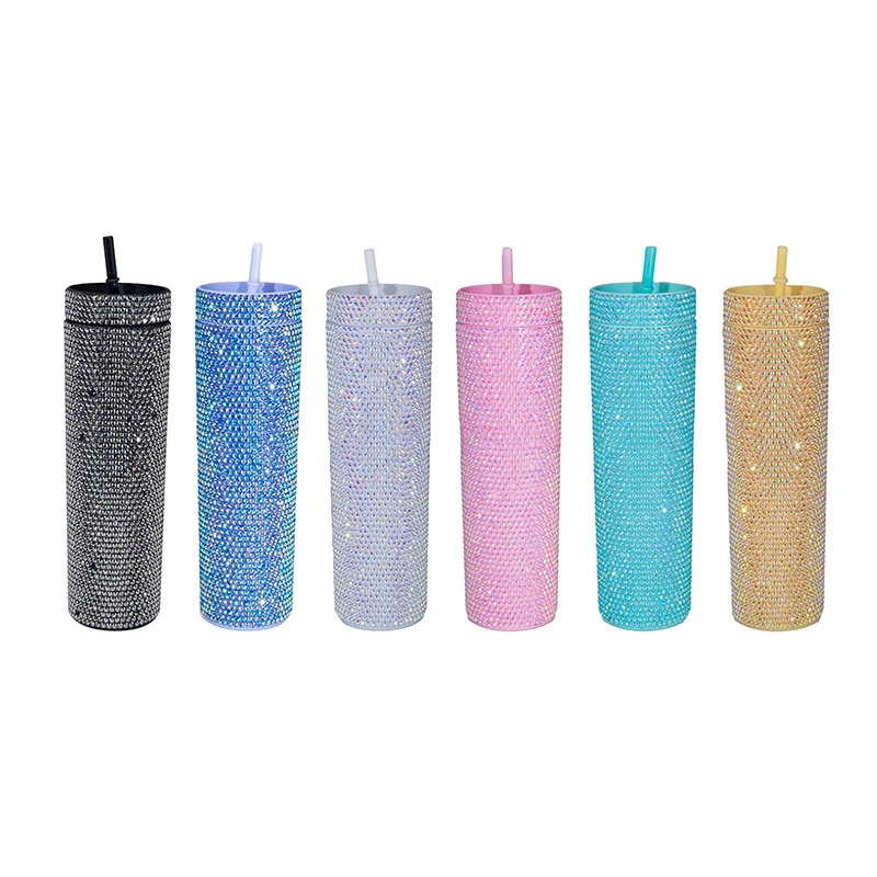 

16oz Skinny Tumbler Double Wall Bling Water Bottle Glitter Rhinestone Plastic Cup With Lid Straw For Home Office Party Beach