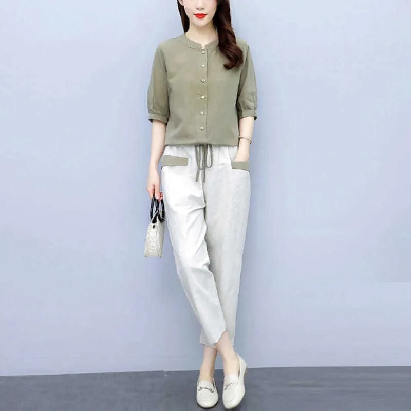 Cotton linen suit women's summer dress new Korean version loose and thin temperament foreign fashion linen two-piece set