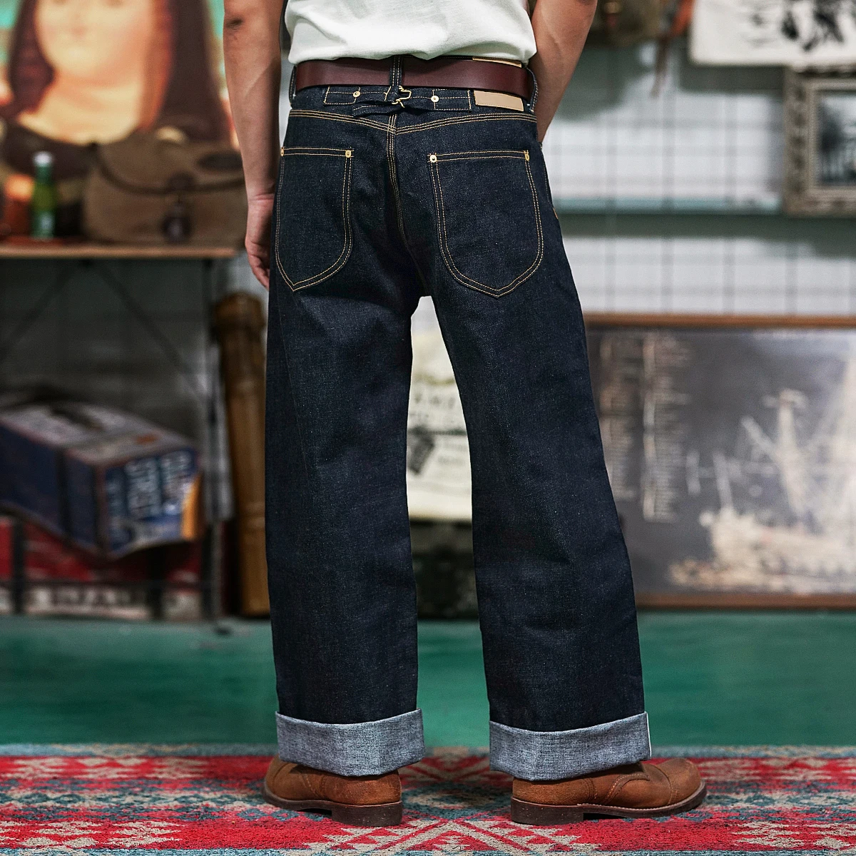 Men’s Vintage Jeans High Waist Loose Straight 17OZ Wide Leg Selvedged Denim Amekaji Cowboy Motorcycle Pants for Male 2