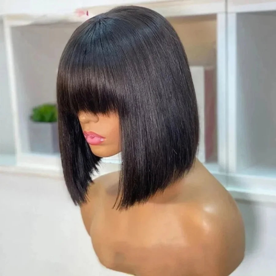 Short Bob Wig With Bangs 8-14 Inch Full Machine Made Bob Human Hair Wigs Silky Straight Brazilian