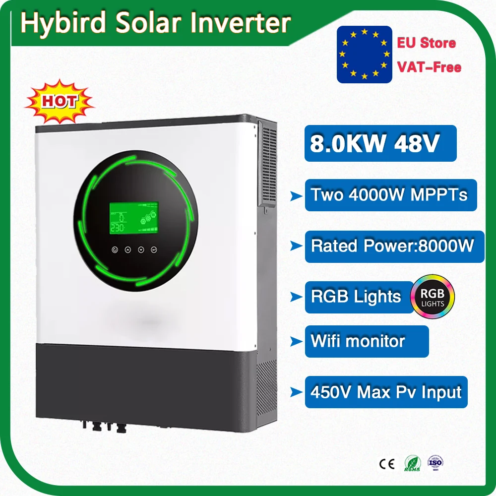 8Kw 48Vdc Off Grid Hybrid Solar Inverter Led Ring Con Rgb Built-In Two 4000W Controller Mppt Nessuna Batteria Funzionante Monitor Wifi