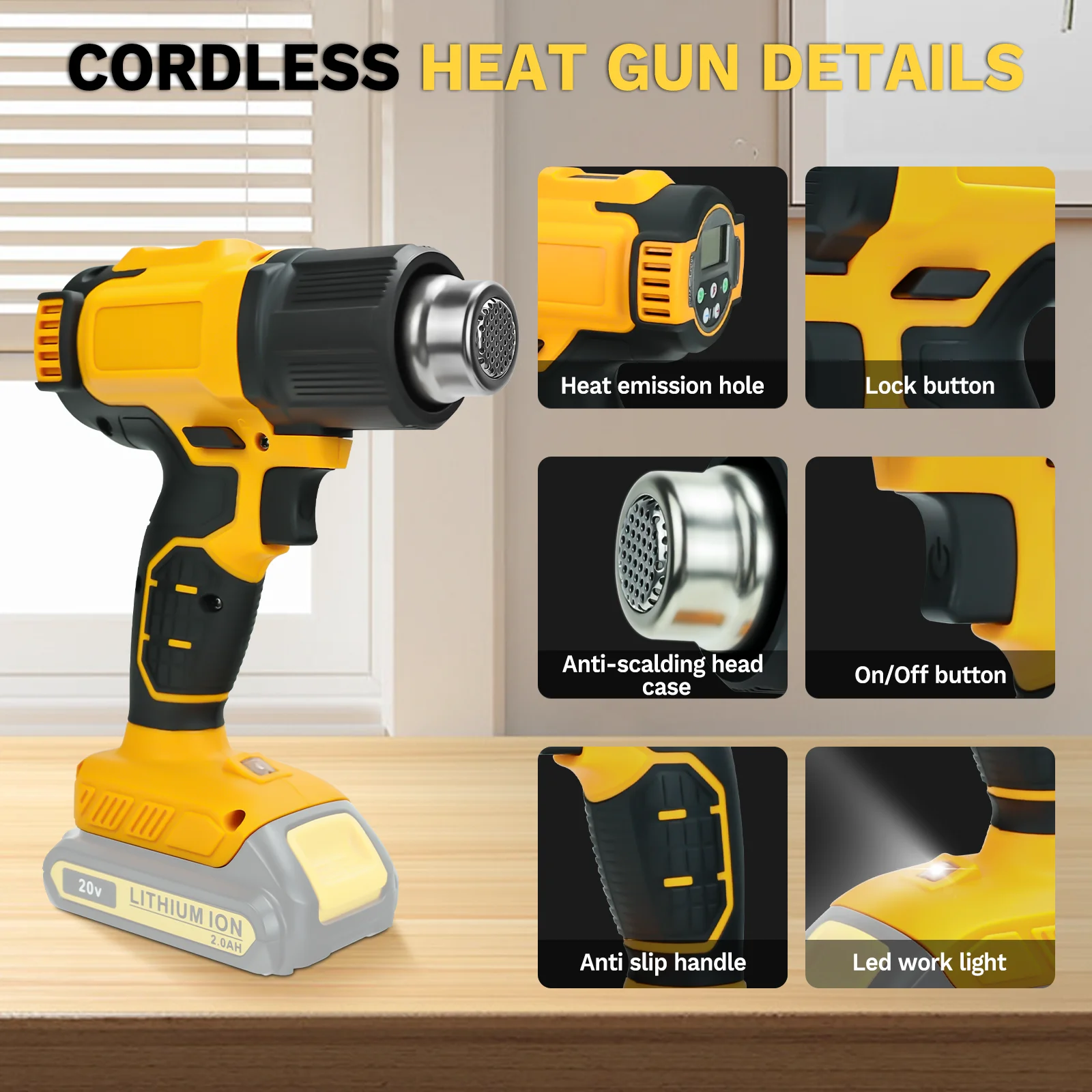300W 540℃ Cordless Heat Gun with 5 Nozzle & LCD Digital Display Shrink Wrapping Hot Air Gun for Dewalt 20V Battery (No Battery) 2
