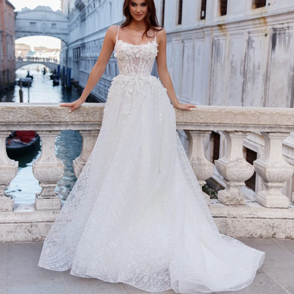 

Modern Tulle Illusion Wedding Dresses Sexy Scoop Collar Bride Gowns Spaghetti Straps Backless Dress Vestidos De Novia