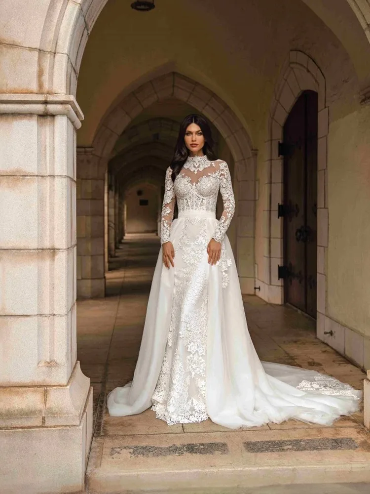 Boho High Neck Appliques  Long Sleeve Mermaid Wedding Dress for Women Pleated Bridal Gown with Detachable Train Vestido De Novia