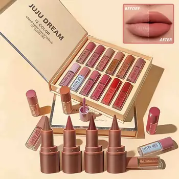 18 Set Color Lip Gloss Lipstick Set+Matte Lipliner Long-Lasting Waterproof Non-Stick Formula Tapered Tip Outline Lip Makeup 1