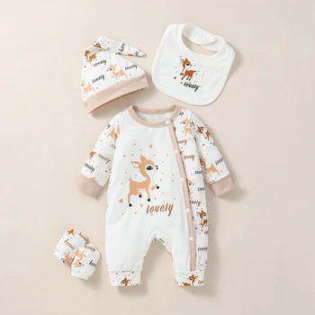 4PCS Baby Animal Print Jumpsuit Set – Long Sleeve Bodysuit with Bib, Hat & Gloves (Unisex Newborn Outfit) 1