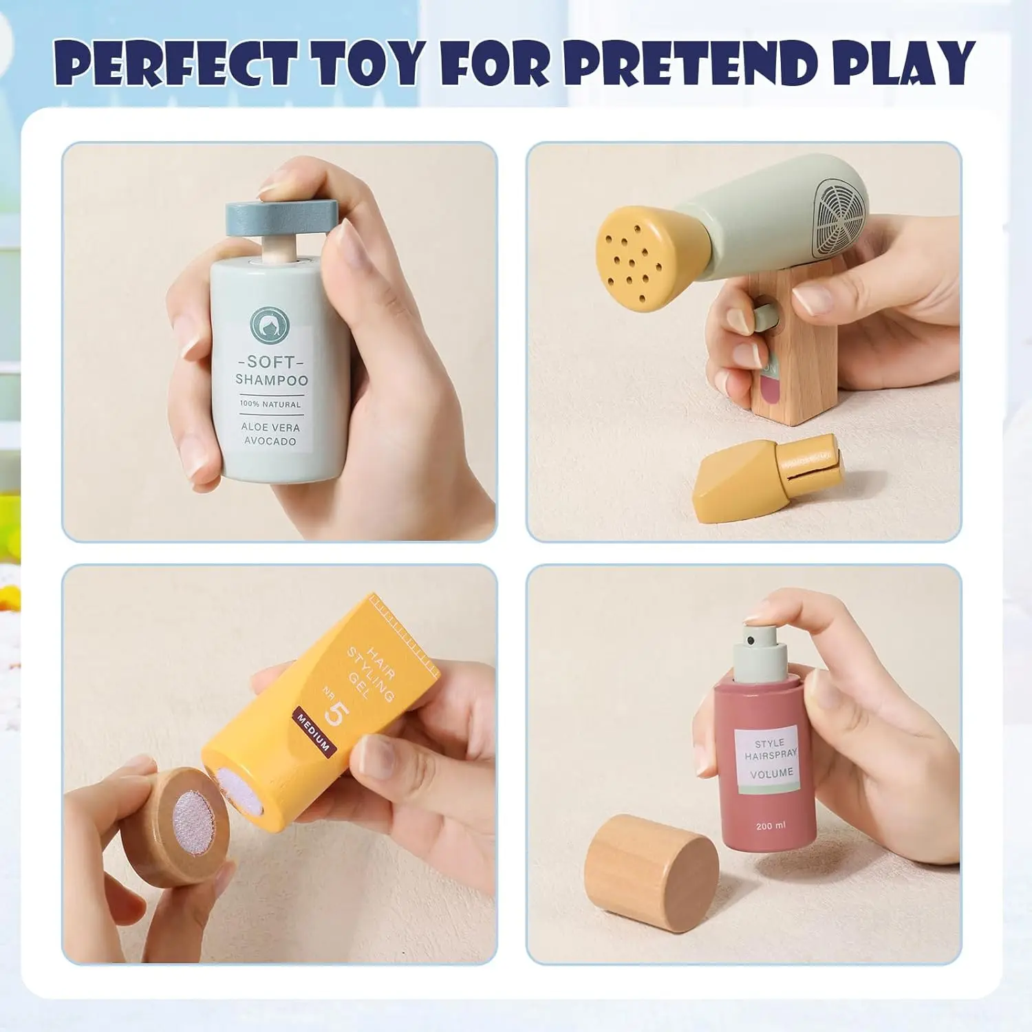 Toddlers Pretend Play Toy Montessori Makeup Toy Set Wooden Barber Playset Kids Hair Salon Playset Role-Play Game Girls Boys Gift makeup toy