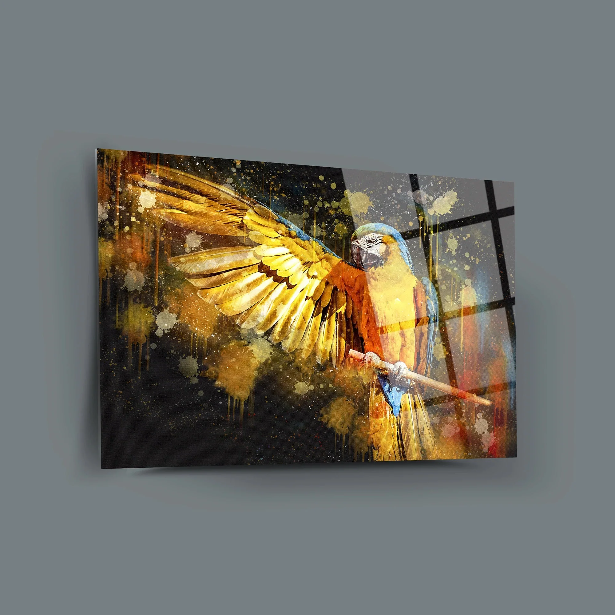 

Yellow Parrot Decor, Glass Wall Art, Frameless Free Floating Tempered Glass Panel, Home Office Living Room Decoration,