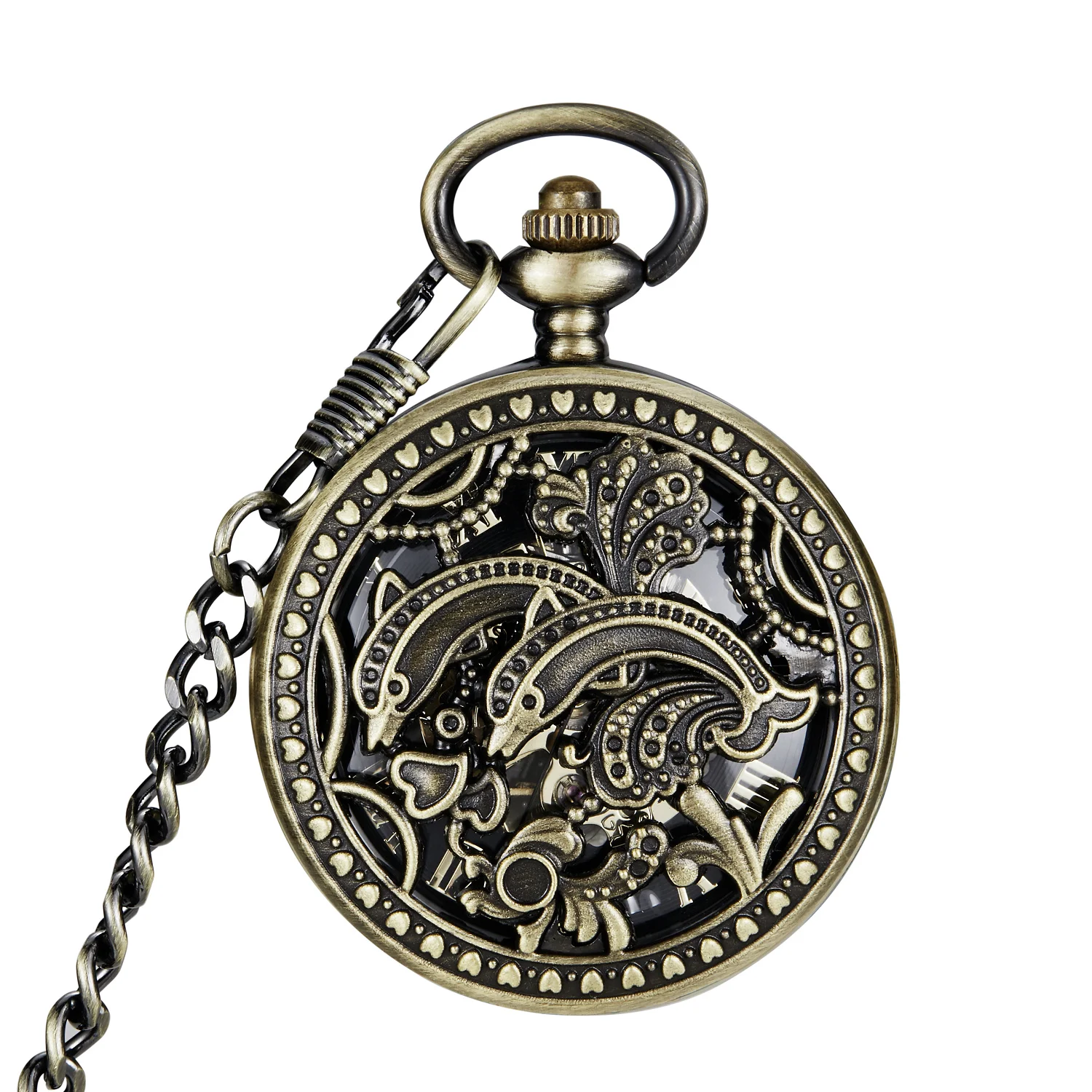 Top Vivid dolphin Carving Design mechanical Pocket Watch Vintage Bronze Interesting Design Clock for Men Women 2023