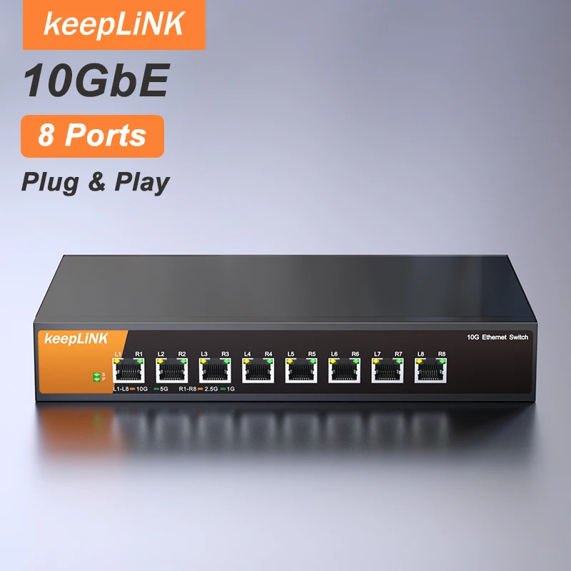 KeepLiNK 8포트 10G/멀티기가비트 비관리형 스위치 견고한 금속 케이스 속도 자동 협상 기능