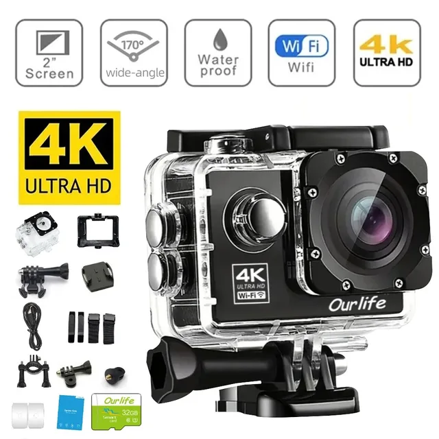 Christmas Outdoor Skiing 4K WiFi Action Camera Video Recording 4K/30FPS 2.0"170D Underwater Waterproof Sports Camera Helmet