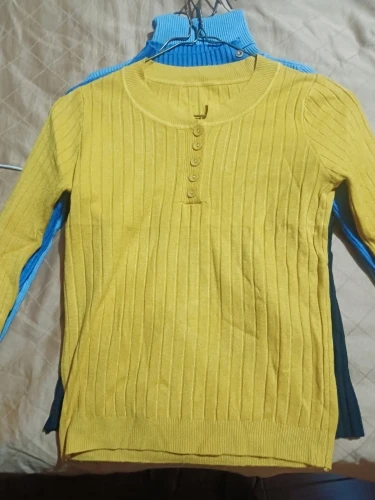 Knitted Women Sweater Button O-neck Pullovers Spring Autumn Basic Sweaters for Female Pullover Slim Solid Bold Stripes Tops photo review