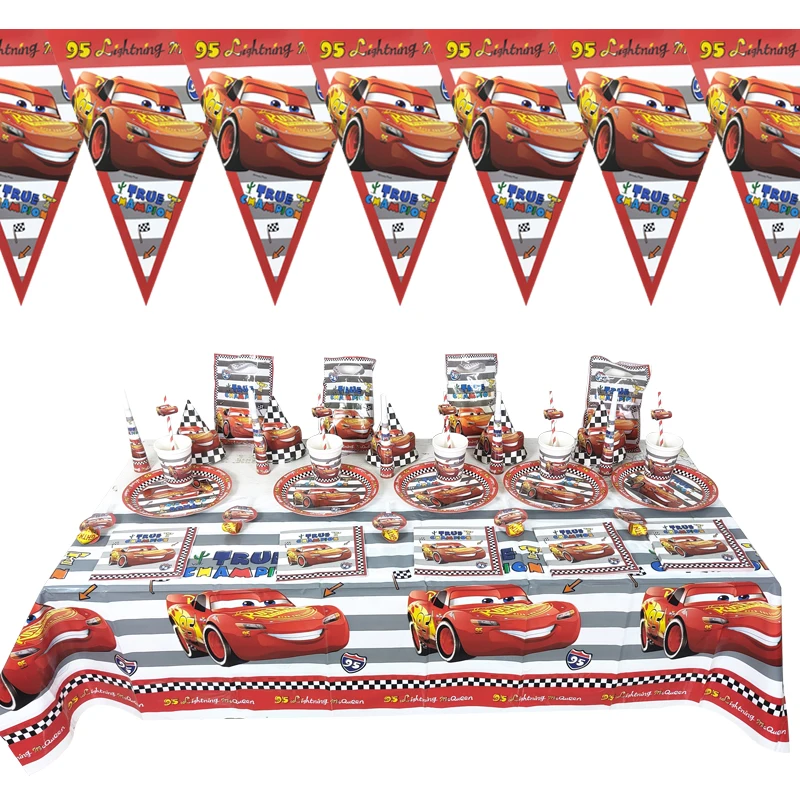 

101pc/lot Cars Lightning McQueen Theme Decorate Set Napkins Straws Birthday Party Flags Plates Cups Tablecloth Loot Bags Horns