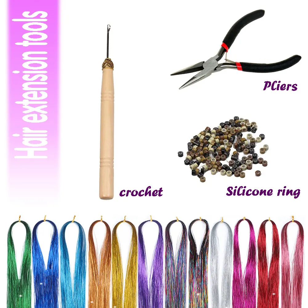 Tinsel Kit with Tools Fairy Hair Tinsel Heat Resistant Sparkling Shiny Hair Extensions Colorful strands Kit