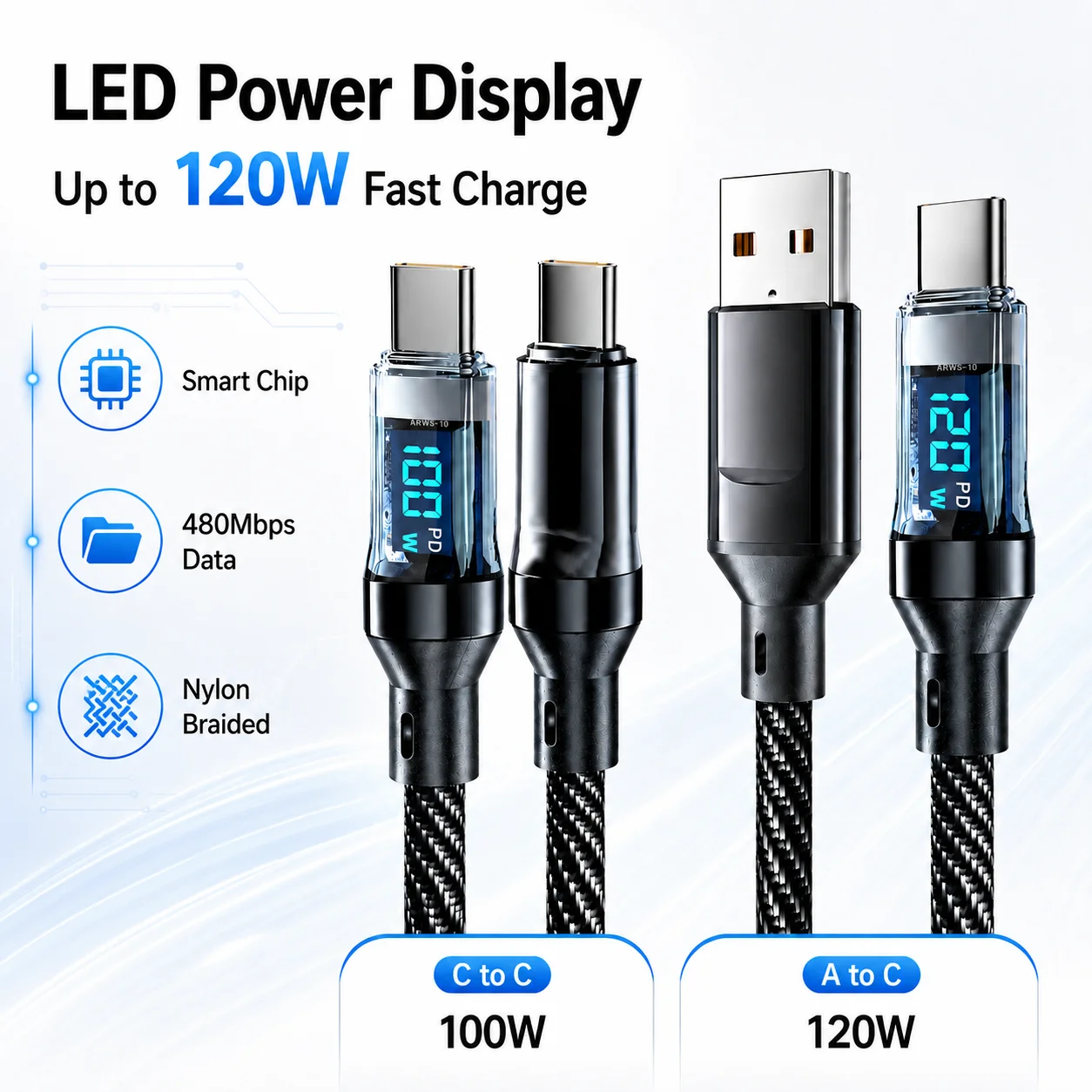 High-Power LED Display USB-C Fast Charging Cable with 480Mbps Data Transfer - Durable Nylon Braided Cord