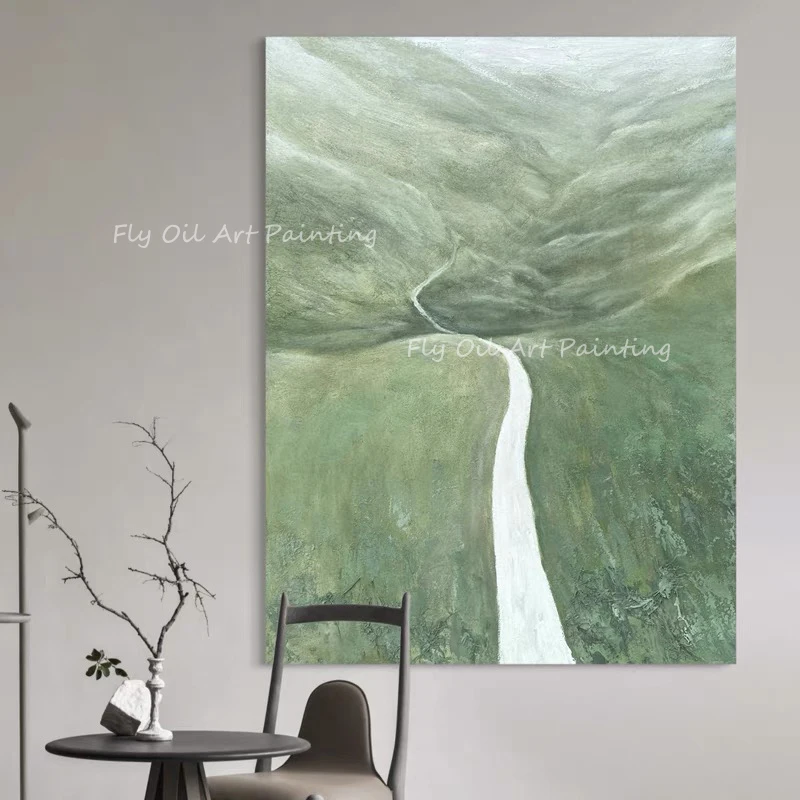 

100% Handmade simple nature green landscape picture mountain nordic handpainted oil painting for office living room decor gift