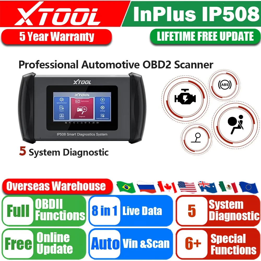 

2024 Newest XTOOL InPlus IP508 OBD2 5 System Diagnostic Tools Car ABS SRS AT Engine Scanner with EPB Oil 6 Reset Auto VIN