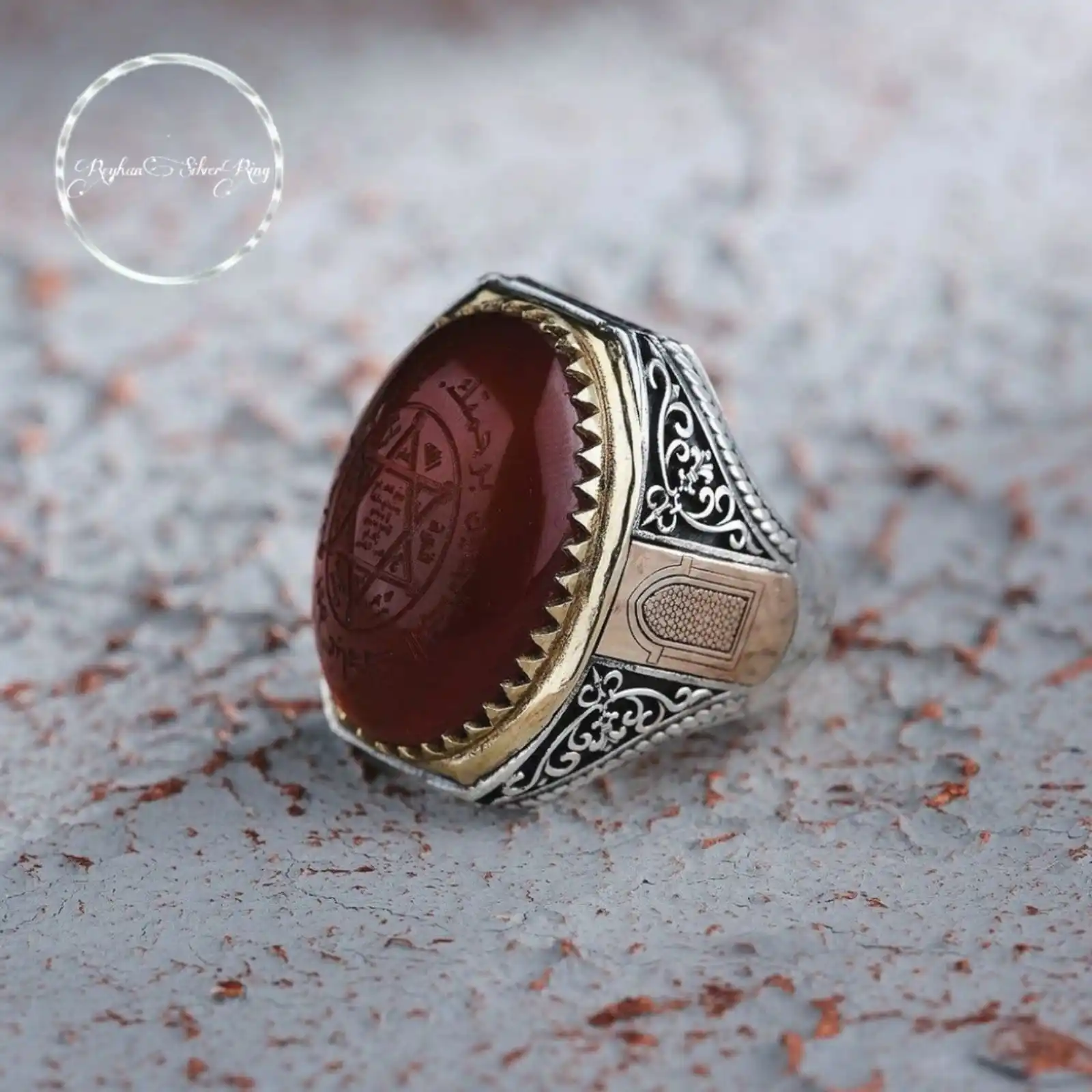 

Handcrafted Red Agate Stone Ring featuring Solomon's Seal and Star of David Design, Gift for Muslim, Palestine Mescid Aksa Ring