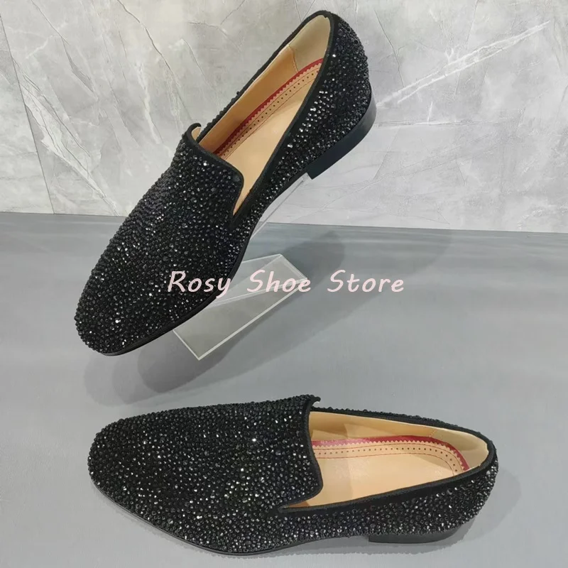 Men's Multicolor Luxury Handmade Diamond Loafers Pointed Toe Leather Rhinestones Slip On Fashion Flat Shoe Versatile Party Shoes 3