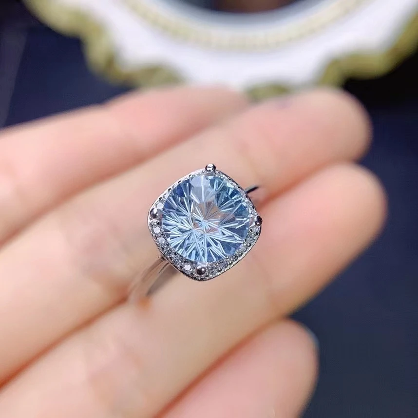 100% Natural Jewelry 925 Sterling Silver Women's Sky Blue Topaz Adjustable Ring Party Birthday Got Engaged Marry Gift New Year