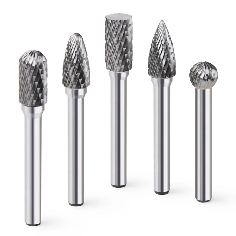 Vearter 5Pcs Tungsten Carbide Rotary File Set 6mm Round Shank Double-Cutter For Grinding Head Dremel Woodworking Engraving Drill