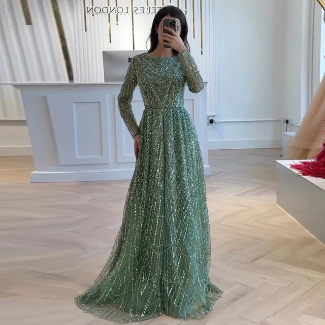 Elegant Muslim Pearls Evening Dress 2025 Luxury A-Line Long Sleeves Beads Formal Prom Wedding Party Gown for Women Customized 2