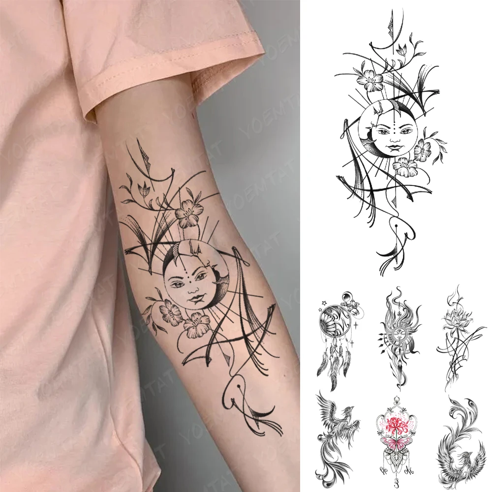 

Waterproof Temporary Tattoos Sticker Ins Sun Moon Face Line Breach For Women Arm Harajuku Flash Tatoo Fake Tattoo Body Art Men
