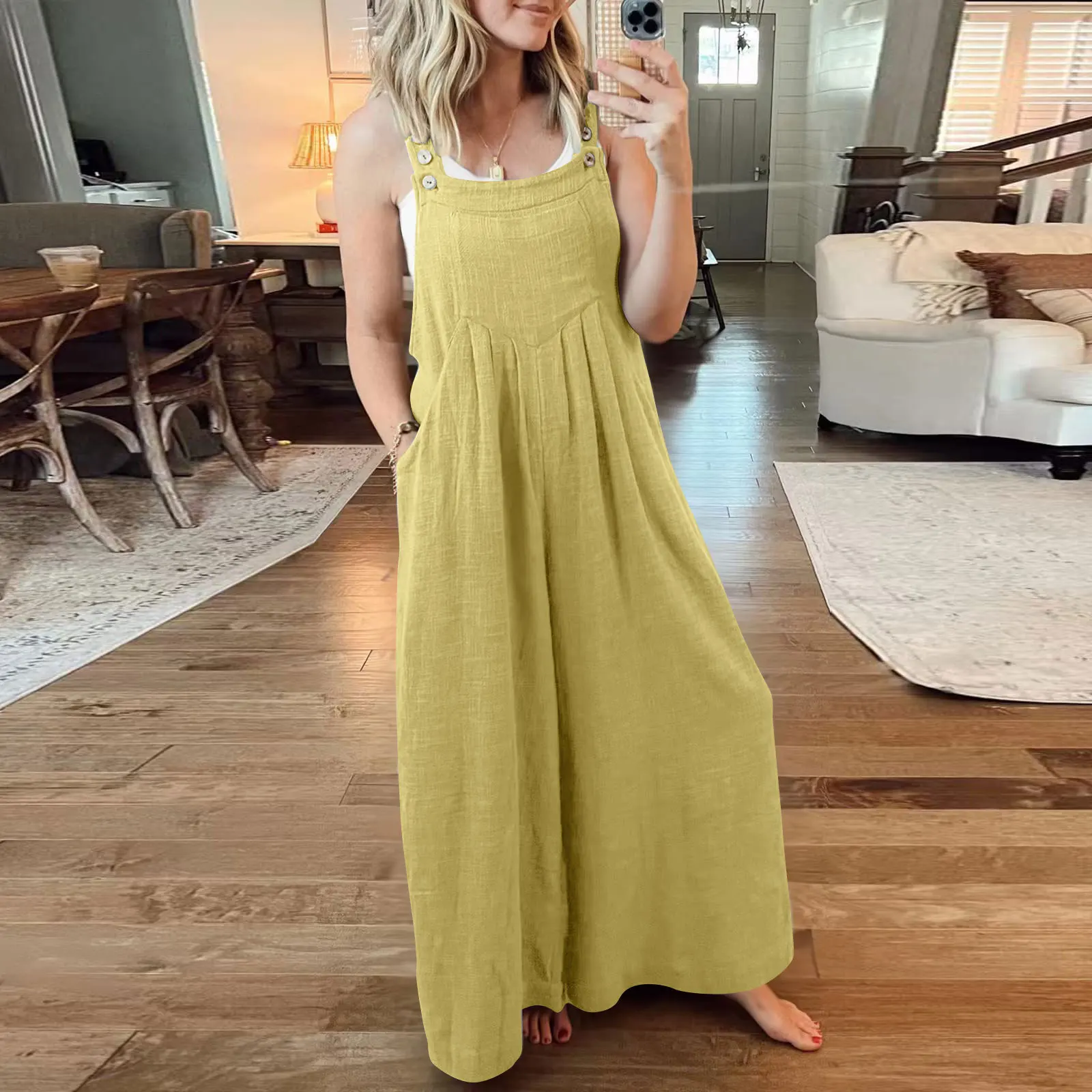 Cotton Linen Ladies Bib Pant Suspender Trouser Loose Casual Female Women One-Piece Wide Leg Romper Overalls Jumpsuit Streetwear 2