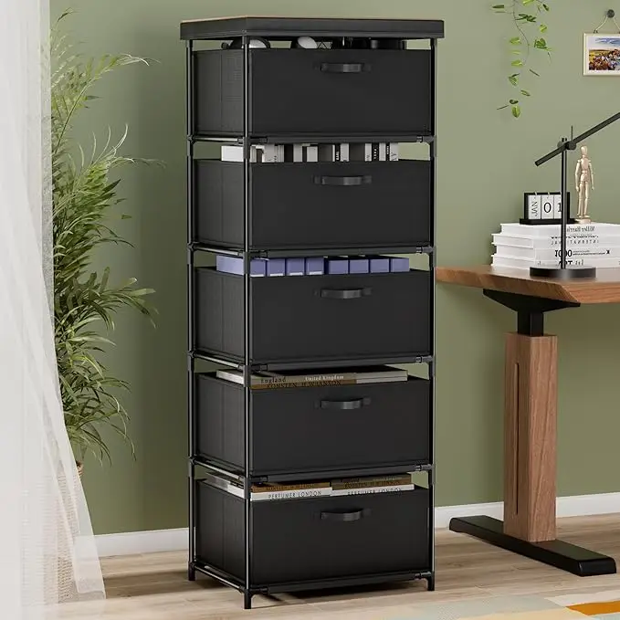 5-Drawer Fabric Dresser & TV Stand - Solid Wood & Sturdy Metal Frame - Compact Storage Cabinet for Bedroom, Dorm or Entryway 5