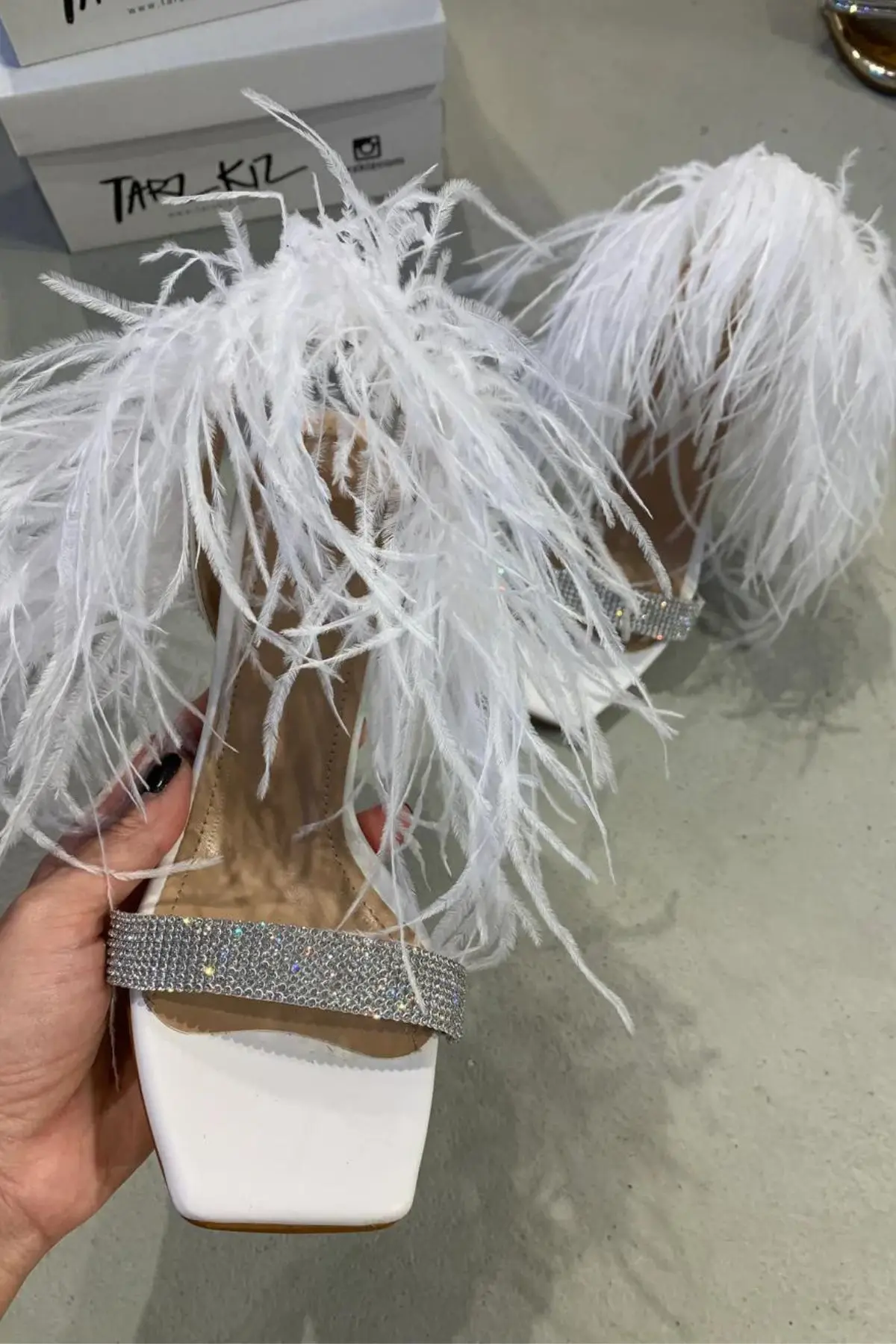 

Angel White Hairy High Heels Row Crystal Stone Double Pad Women Sandals Poshnmore Sexy Slippers Shoes Party Wedding Special Day