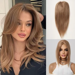 Straight Human Hair Toppers Clips in Copper Brown Remy Human Hair Extensions Silk Base Topper Middle Part for Women Daily 12inch