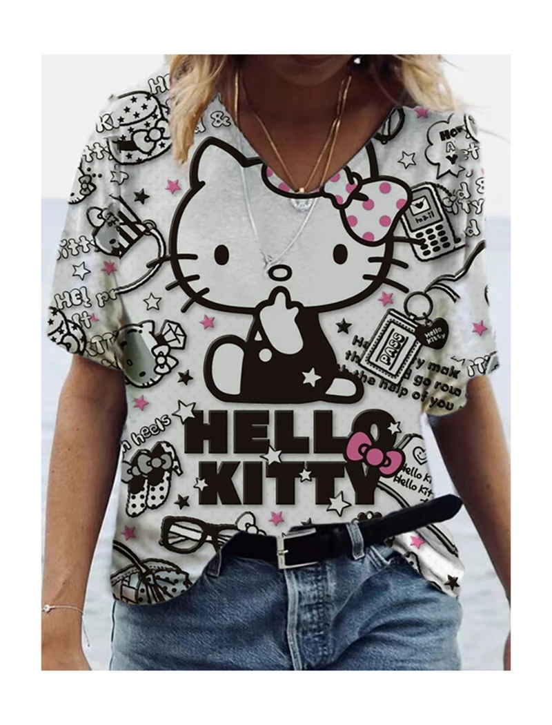 

Hello KIitty Summer 5XL Women's Retro Casual Black Fashion V Neck Pullover Short Sleeves Printed Loose Daily Tops Design