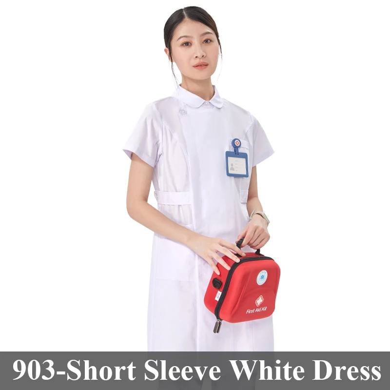White Nurse Gown Women Medical Scrub Uniform Robe Short Sleeve Workwear Hospital Scrubs Dress Healthcare Uniforms 903